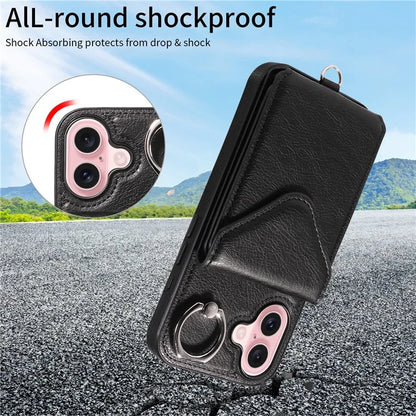 005 For iPhone 16 Case PU Leather Back Cover Card Holder Ring Kickstand