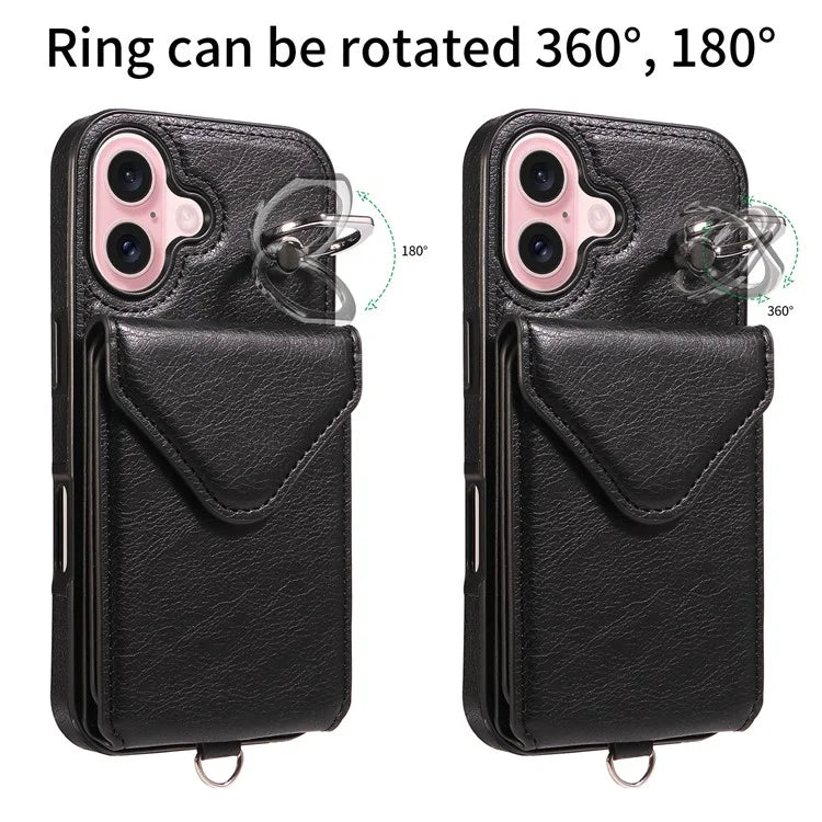 005 For iPhone 16 Case PU Leather Back Cover Card Holder Ring Kickstand