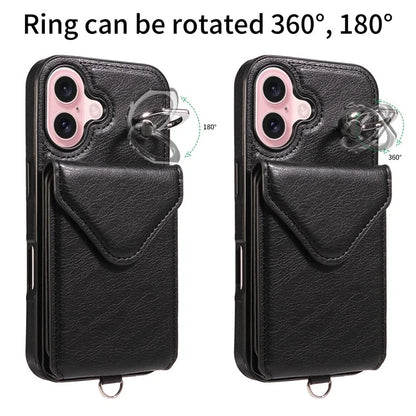 005 For iPhone 16 Case PU Leather Back Cover Card Holder Ring Kickstand