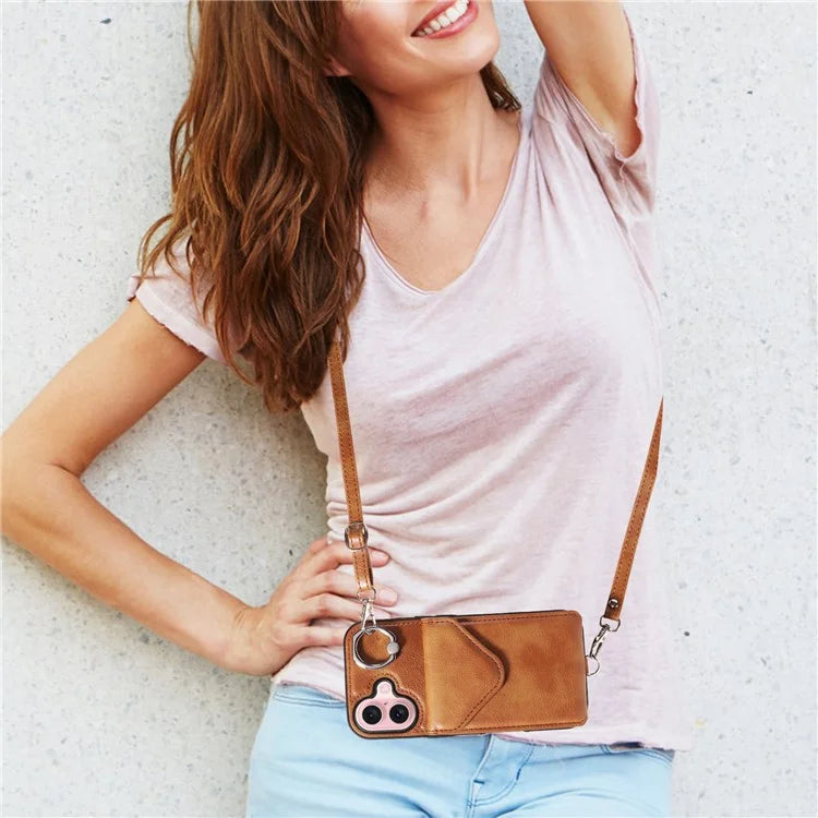 005 For iPhone 16 Case PU Leather Back Cover Card Holder Ring Kickstand