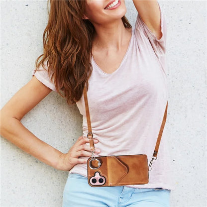 005 For iPhone 16 Case PU Leather Back Cover Card Holder Ring Kickstand