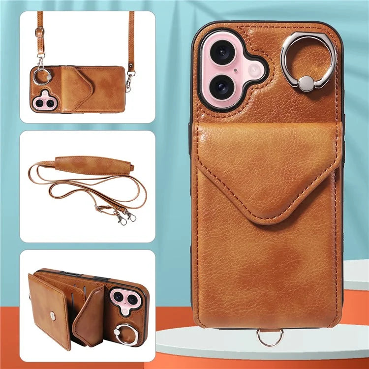 005 For iPhone 16 Case PU Leather Back Cover Card Holder Ring Kickstand