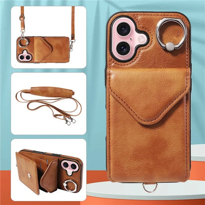 005 For iPhone 16 Case PU Leather Back Cover Card Holder Ring Kickstand