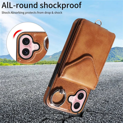 005 For iPhone 16 Case PU Leather Back Cover Card Holder Ring Kickstand