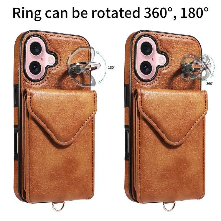 005 For iPhone 16 Case PU Leather Back Cover Card Holder Ring Kickstand