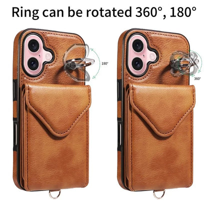 005 For iPhone 16 Case PU Leather Back Cover Card Holder Ring Kickstand