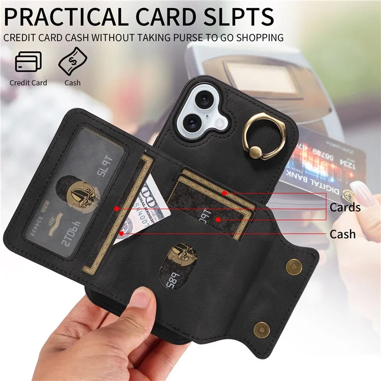 001 For iPhone 16 Plus Case Secure-Grip Kickstand Leather + TPU Phone Cover