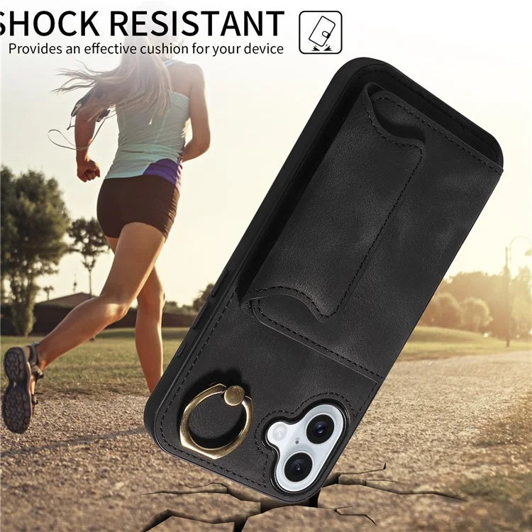 001 For iPhone 16 Plus Case Secure-Grip Kickstand Leather + TPU Phone Cover