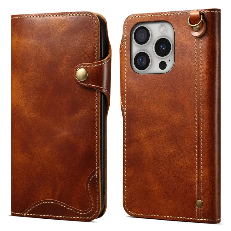 For iPhone 16 Pro Case Waxy Genuine Cow Leather Phone Wallet Shockproof Cover