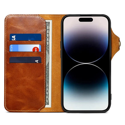 For iPhone 16 Pro Case Waxy Genuine Cow Leather Phone Wallet Shockproof Cover