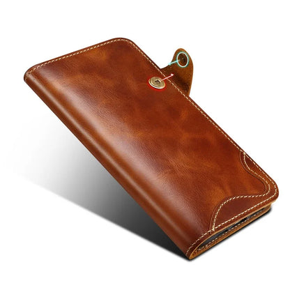 For iPhone 16 Pro Case Waxy Genuine Cow Leather Phone Wallet Shockproof Cover