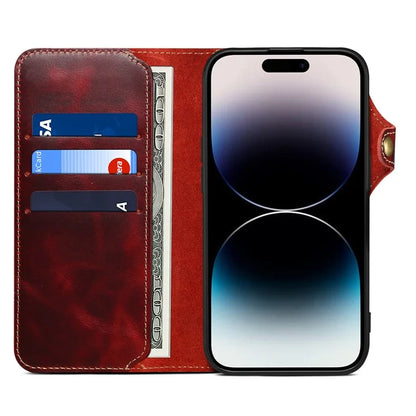 For iPhone 16 Pro Case Waxy Genuine Cow Leather Phone Wallet Shockproof Cover