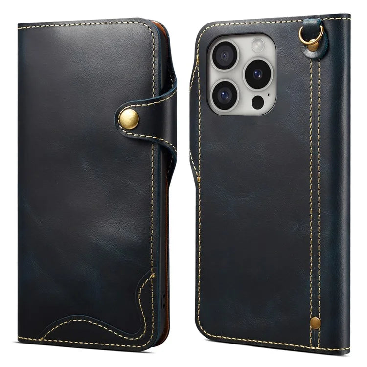 For iPhone 16 Pro Case Waxy Genuine Cow Leather Phone Wallet Shockproof Cover