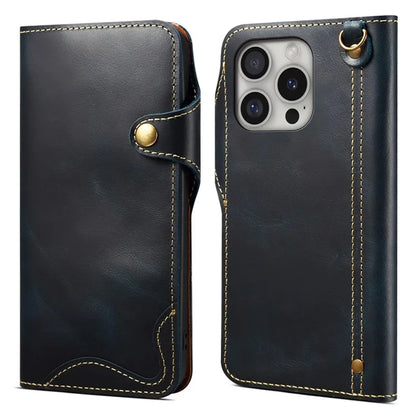 For iPhone 16 Pro Case Waxy Genuine Cow Leather Phone Wallet Shockproof Cover