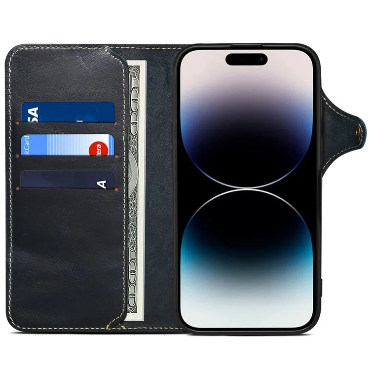 For iPhone 16 Pro Case Waxy Genuine Cow Leather Phone Wallet Shockproof Cover