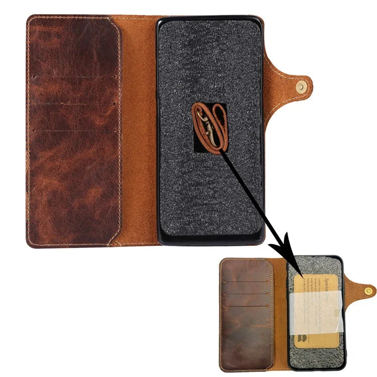 For iPhone 16 Pro Case Waxy Genuine Cow Leather Phone Wallet Shockproof Cover
