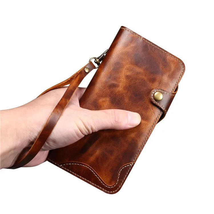 For iPhone 16 Pro Case Waxy Genuine Cow Leather Phone Wallet Shockproof Cover