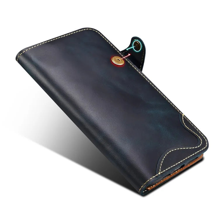 For iPhone 16 Pro Case Waxy Genuine Cow Leather Phone Wallet Shockproof Cover