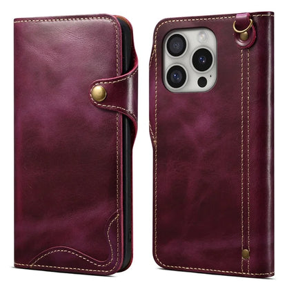 For iPhone 16 Pro Case Waxy Genuine Cow Leather Phone Wallet Shockproof Cover