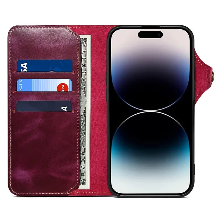 For iPhone 16 Pro Case Waxy Genuine Cow Leather Phone Wallet Shockproof Cover