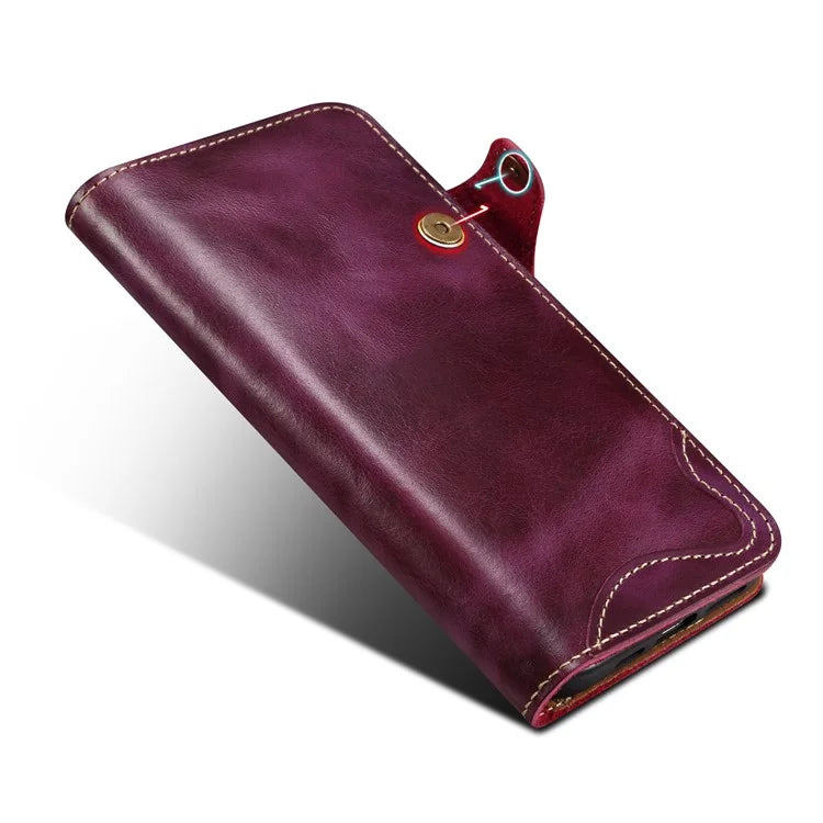 For iPhone 16 Pro Case Waxy Genuine Cow Leather Phone Wallet Shockproof Cover
