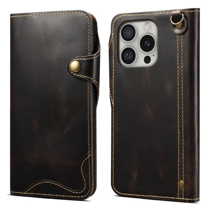 For iPhone 16 Pro Case Waxy Genuine Cow Leather Phone Wallet Shockproof Cover