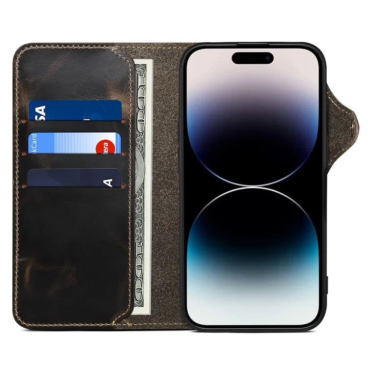 For iPhone 16 Pro Case Waxy Genuine Cow Leather Phone Wallet Shockproof Cover