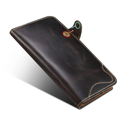 For iPhone 16 Pro Case Waxy Genuine Cow Leather Phone Wallet Shockproof Cover