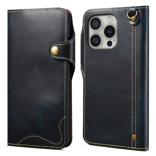 For iPhone 16 Pro Max Case Waxy Genuine Cow Leather Phone Wallet Shockproof Cover