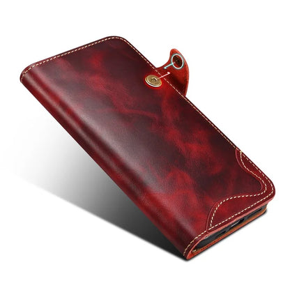 For iPhone 16 Pro Max Case Waxy Genuine Cow Leather Phone Wallet Shockproof Cover