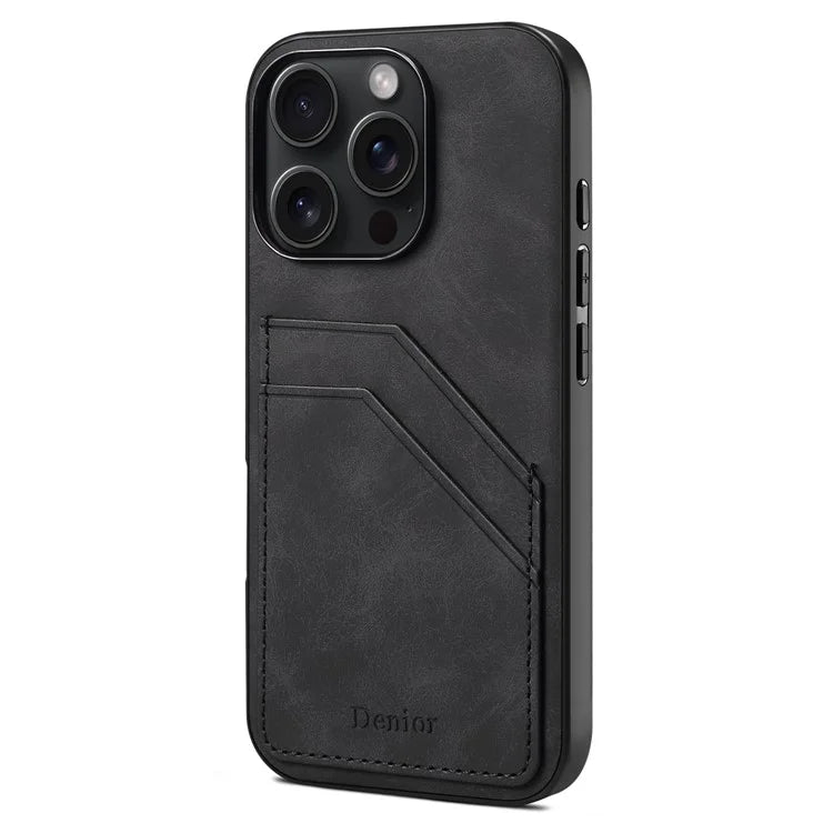 DENIOR For iPhone 16 Pro Case Dual Card Slots PU Leather+TPU+PC Phone Cover