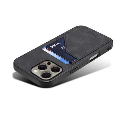 DENIOR For iPhone 16 Pro Case Dual Card Slots PU Leather+TPU+PC Phone Cover