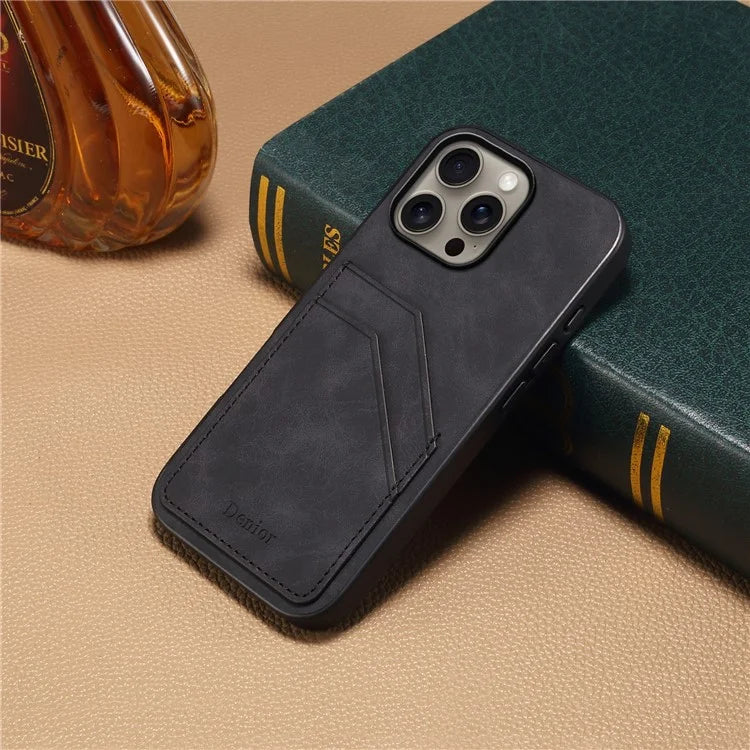 DENIOR For iPhone 16 Pro Case Dual Card Slots PU Leather+TPU+PC Phone Cover
