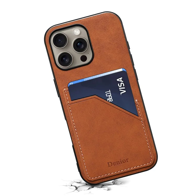 DENIOR For iPhone 16 Pro Case Dual Card Slots PU Leather+TPU+PC Phone Cover