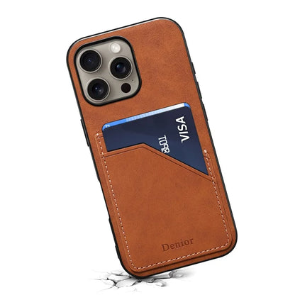 DENIOR For iPhone 16 Pro Case Dual Card Slots PU Leather+TPU+PC Phone Cover