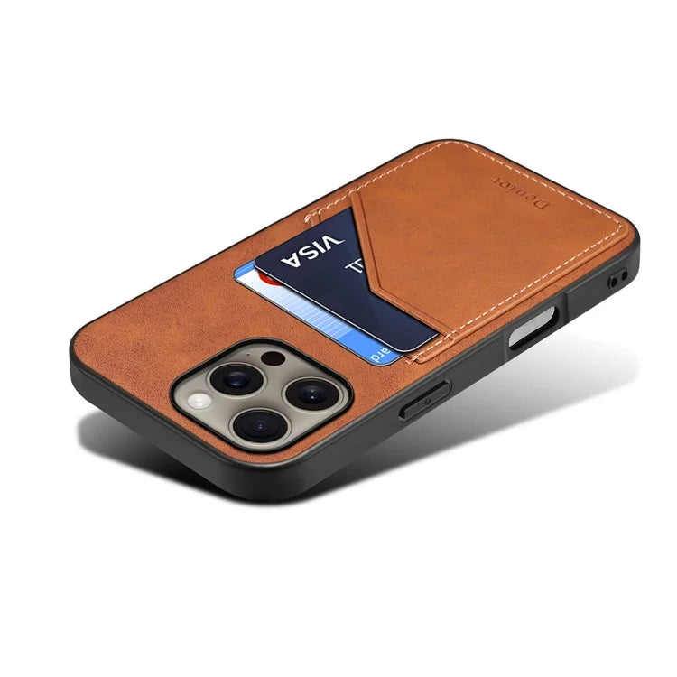 DENIOR For iPhone 16 Pro Case Dual Card Slots PU Leather+TPU+PC Phone Cover