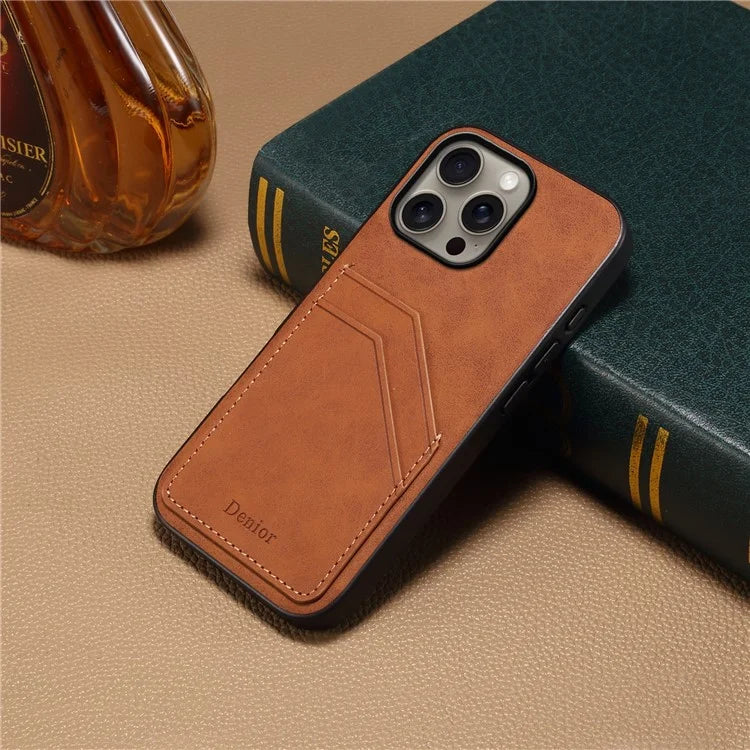 DENIOR For iPhone 16 Pro Case Dual Card Slots PU Leather+TPU+PC Phone Cover
