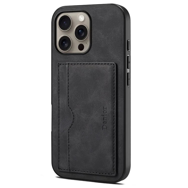 DENIOR For iPhone 16 Pro Max Case Card Holder Kickstand Retro Leather+PC+TPU Phone Cover