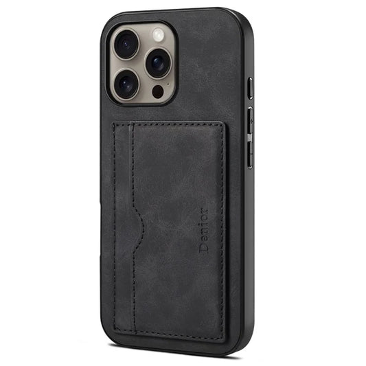 DENIOR For iPhone 16 Pro Max Case Card Holder Kickstand Retro Leather+PC+TPU Phone Cover
