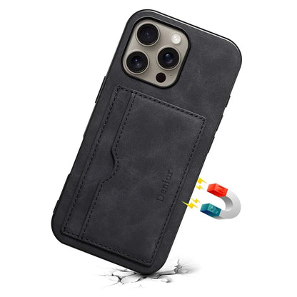 DENIOR For iPhone 16 Pro Max Case Card Holder Kickstand Retro Leather+PC+TPU Phone Cover
