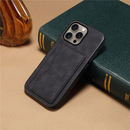 DENIOR For iPhone 16 Pro Max Case Card Holder Kickstand Retro Leather+PC+TPU Phone Cover