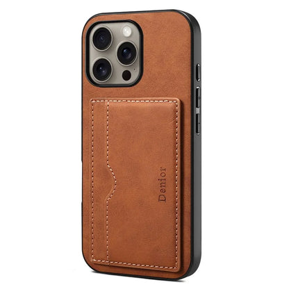 DENIOR For iPhone 16 Pro Max Case Card Holder Kickstand Retro Leather+PC+TPU Phone Cover