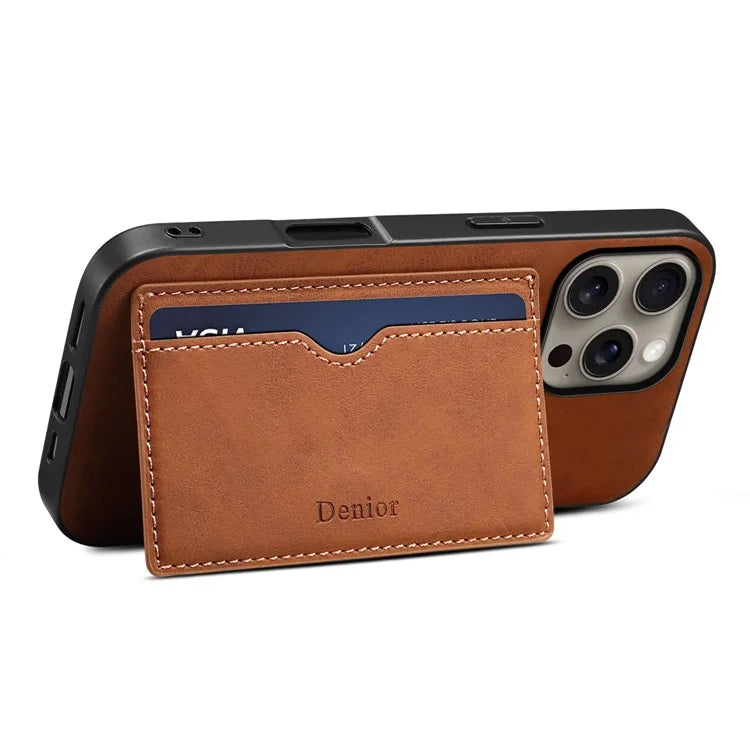 DENIOR For iPhone 16 Pro Max Case Card Holder Kickstand Retro Leather+PC+TPU Phone Cover