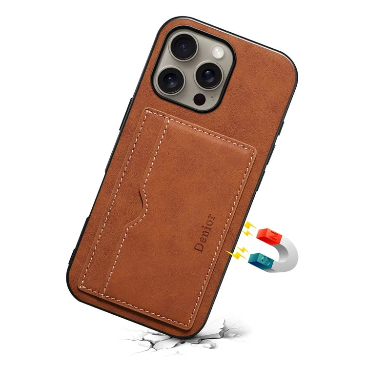 DENIOR For iPhone 16 Pro Max Case Card Holder Kickstand Retro Leather+PC+TPU Phone Cover