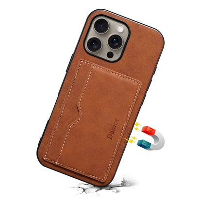 DENIOR For iPhone 16 Pro Max Case Card Holder Kickstand Retro Leather+PC+TPU Phone Cover