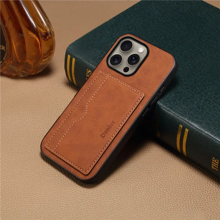 DENIOR For iPhone 16 Pro Max Case Card Holder Kickstand Retro Leather+PC+TPU Phone Cover