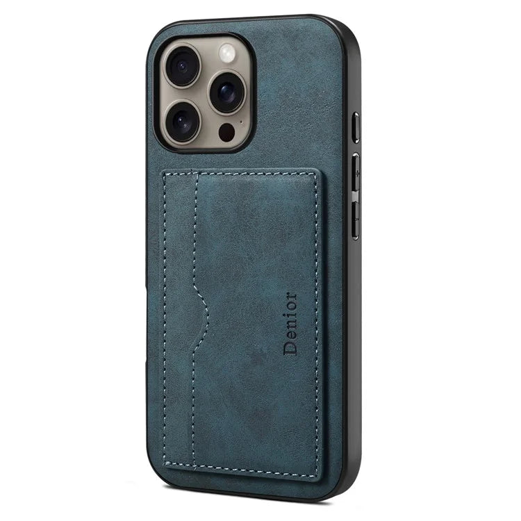 DENIOR For iPhone 16 Pro Max Case Card Holder Kickstand Retro Leather+PC+TPU Phone Cover