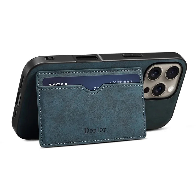 DENIOR For iPhone 16 Pro Max Case Card Holder Kickstand Retro Leather+PC+TPU Phone Cover