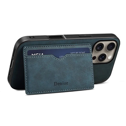 DENIOR For iPhone 16 Pro Max Case Card Holder Kickstand Retro Leather+PC+TPU Phone Cover