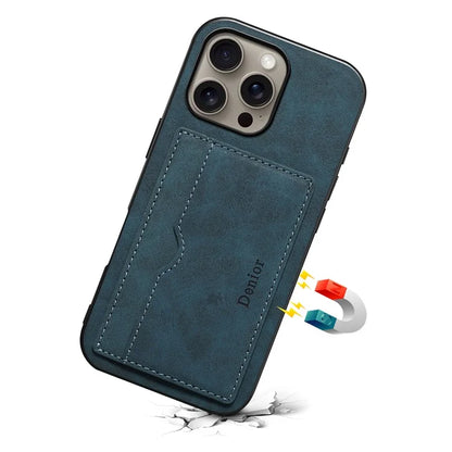 DENIOR For iPhone 16 Pro Max Case Card Holder Kickstand Retro Leather+PC+TPU Phone Cover